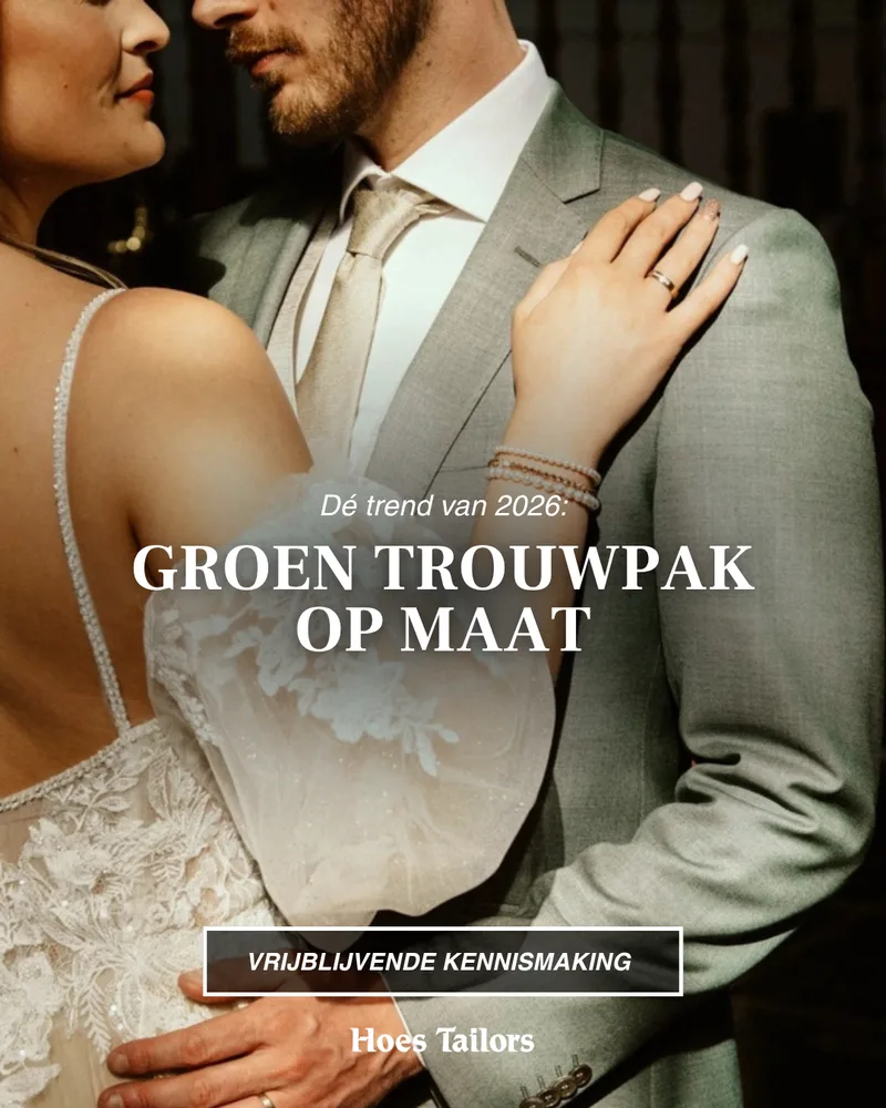 Hoes Tailors advertentie: groen trouwpak op maat